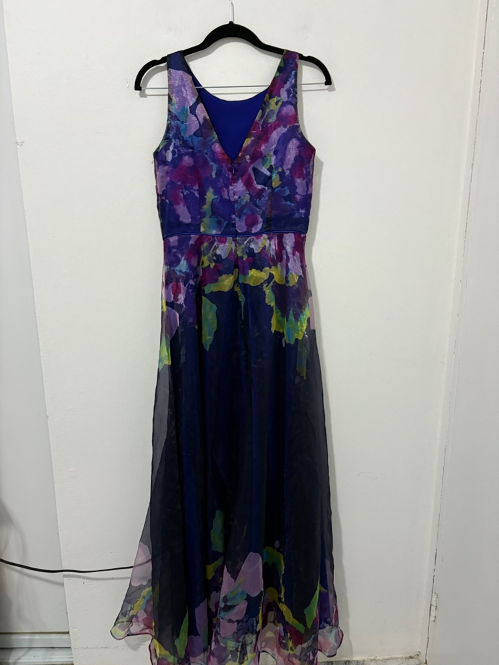 Tahari Navy Floral-Print Maxi Dress with Purple, Green and Pink Accents - Picture 5 of 7
